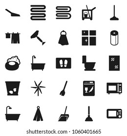 Flat vector icon set - soap vector, plunger, scraper, cleaner trolley, broom, mop, scoop, towel, trash bin, window cleaning, welcome mat, bath, toilet, drying clothes, shining, paper, microwave oven