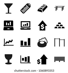 Flat vector icon set - soap vector, graph, gold ingot, laptop, dollar growth, horizontal bar, glass, barcode