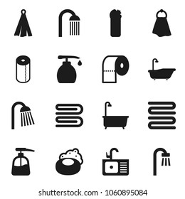 Flat vector icon set - soap vector, towel, bath, liquid, cleaning agent, toilet paper, shower, sink