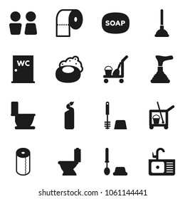 Flat vector icon set - soap vector, plunger, cleaner trolley, toilet, brush, cleaning agent, paper, water closet, sink