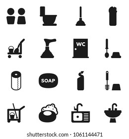 Flat vector icon set - soap vector, plunger, cleaner trolley, toilet, brush, cleaning agent, paper, water closet, sink