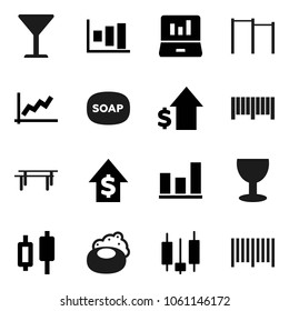 Flat vector icon set - soap vector, graph, japanese candle, laptop, dollar growth, horizontal bar, glass, barcode