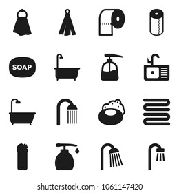 Flat vector icon set - soap vector, towel, bath, liquid, cleaning agent, toilet paper, shower, sink
