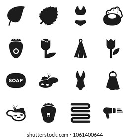 Flat vector icon set - soap vector, towel, leaf, swimsuite, tulip, pond, epilator, hair dryer