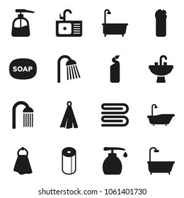 Flat vector icon set - soap vector, towel, bath, liquid, cleaning agent, toilet paper, shower, sink