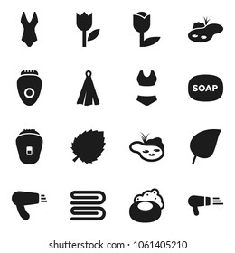 Flat vector icon set - soap vector, towel, leaf, swimsuite, tulip, pond, epilator, hair dryer