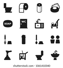 Flat vector icon set - soap vector, plunger, cleaner trolley, toilet, brush, cleaning agent, paper, water closet, sink