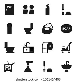 Flat vector icon set - soap vector, plunger, cleaner trolley, toilet, brush, cleaning agent, paper, water closet, sink