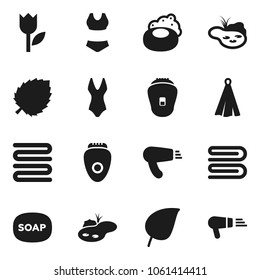 Flat vector icon set - soap vector, towel, leaf, swimsuite, tulip, pond, epilator, hair dryer