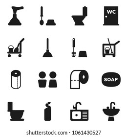 Flat vector icon set - soap vector, plunger, cleaner trolley, toilet, brush, cleaning agent, paper, water closet, sink