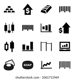 Flat vector icon set - soap vector, graph, gold ingot, japanese candle, laptop, dollar growth, horizontal bar, barcode