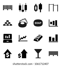 Flat vector icon set - soap vector, graph, gold ingot, japanese candle, laptop, dollar growth, horizontal bar, glass, barcode
