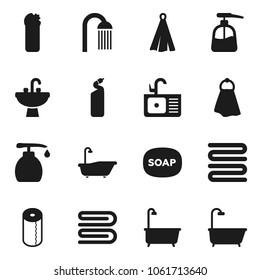 Flat vector icon set - soap vector, towel, bath, liquid, cleaning agent, toilet paper, shower, sink