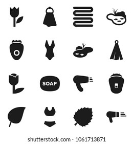 Flat vector icon set - soap vector, towel, leaf, swimsuite, tulip, pond, epilator, hair dryer