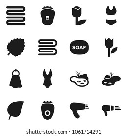 Flat vector icon set - soap vector, towel, leaf, swimsuite, tulip, pond, epilator, hair dryer