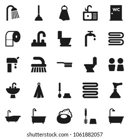 Flat vector icon set - soap vector, plunger, fetlock, towel, bath, toilet, brush, paper, shower, water closet, sink, tap, supply