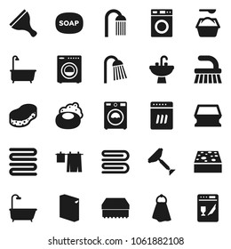 Flat vector icon set - soap vector, scraper, fetlock, sponge, towel, bath, drying clothes, washer, washing powder, shower, sink, dishwasher