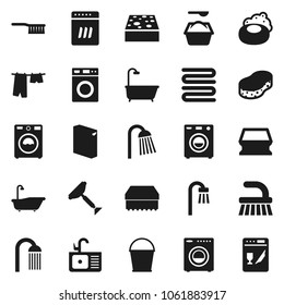 Flat vector icon set - soap vector, scraper, fetlock, bucket, sponge, bath, drying clothes, washer, washing powder, shower, sink, towel, dishwasher