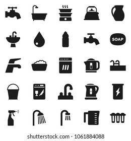 Flat vector icon set - soap vector, water tap, bucket, drop, foam basin, sprayer, shower, sink, kettle, measuring cup, jug, enegry drink, bottle, pool, bath, dishwasher, double boiler, filter
