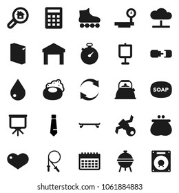Flat vector icon set - soap vector, water drop, washing powder, kettle, bbq, presentation, tie, stopwatch, jump rope, roller Skates, skateboard, calendar, satellite, warehouse, big scales, heart