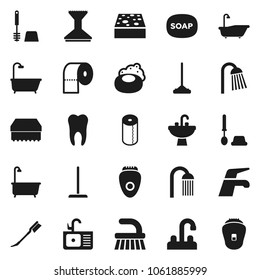 Flat vector icon set - soap vector, water tap, fetlock, mop, sponge, car, bath, toilet brush, paper, shower, sink, tooth, epilator