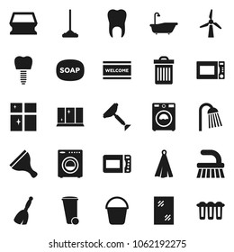 Flat vector icon set - soap vector, scraper, broom, fetlock, mop, bucket, sponge, trash bin, window cleaning, welcome mat, bath, washer, shining, shower, towel, microwave oven, tooth, implant
