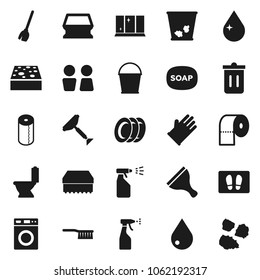 Flat vector icon set - soap vector, scraper, broom, fetlock, bucket, sponge, trash bin, water drop, welcome mat, toilet, washer, sprayer, rubber glove, plates, shining window, paper, closet