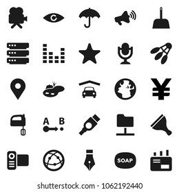 Flat vector icon set - soap vector, scraper, scoop, mixer, pen, yen sign, shuttlecock, earth, map pin, umbrella, route, loudspeaker, equalizer, video camera, microphone, internet, favorites, hdmi