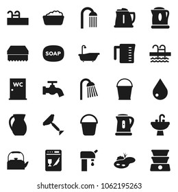 Flat vector icon set - soap vector, scraper, bucket, sponge, water drop, tap, bath, foam basin, shower, closet, sink, kettle, measuring cup, jug, pool, pond, supply, dishwasher, double boiler