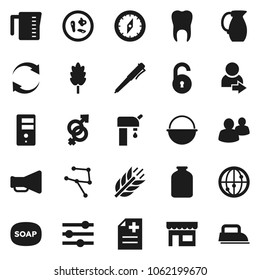 Flat vector icon set - soap vector, camping cauldron, measuring cup, jug, jar, cereal, pen, compass, cereals, loudspeaker, internet, group, gender sign, microbs, anamnesis, tooth, network, server