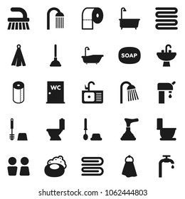Flat vector icon set - soap vector, plunger, fetlock, towel, bath, toilet, brush, paper, shower, water closet, sink, supply