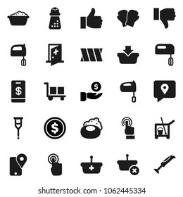 Flat vector icon set - soap vector, cleaner trolley, foam basin, hand mill, mixer, dollar coin, investment, boxing glove, traking, cargo, touchscreen, finger up, down, crutches, bandage, basket