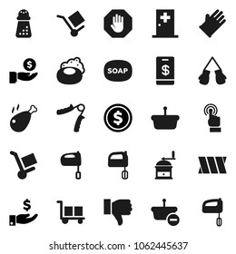 Flat vector icon set - soap vector, rubber glove, hand mill, mixer, chicken leg, dollar coin, investment, trainer, boxing, cargo, touchscreen, finger down, bandage, medical room, stop, basket