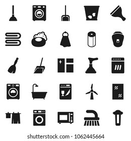 Flat vector icon set - soap vector, plunger, scraper, broom, fetlock, scoop, towel, trash bin, window cleaning, drying clothes, washer, toilet paper, microwave oven, windmill, bath, dishwasher