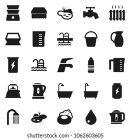Flat vector icon set - soap vector, water tap, bucket, sponge, drop, bath, shower, kettle, measuring cup, double boiler, jug, enegry drink, bottle, pool, pond, heating