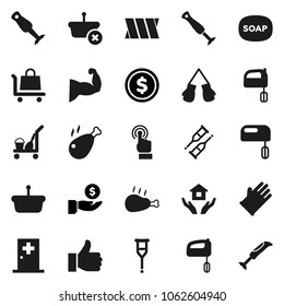 Flat vector icon set - soap vector, cleaner trolley, rubber glove, house hold, mixer, blender, chicken leg, dollar coin, investment, muscule hand, boxing, touchscreen, finger up, crutches, bandage