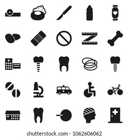 Flat vector icon set - soap vector, potato, microscope, measuring, bike, heart monitor, water bottle, prohibition sign, bone, hoop, disabled, insemination, scalpel, patch, pills, eye doctor hat