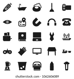 Flat vector icon set - soap vector, plunger, trash bin, bath, rubber glove, toaster, magnet, swimsuite, water bottle, navigator, phone, port, remote control, headphones, monitor, notebook pc, eye