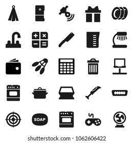 Flat vector icon set - soap vector, sponge, trash bin, plates, water tap, pan, measuring cup, towel, knife, table lamp, wallet, calculator, target, shuttlecock, satellitie, gamepad, hdmi, gift, oven