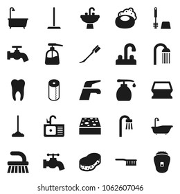 Flat vector icon set - soap vector, water tap, fetlock, mop, sponge, car, bath, toilet brush, liquid, paper, shower, sink, tooth, epilator