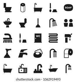 Flat vector icon set - soap vector, plunger, water tap, fetlock, bath, toilet, brush, paper, shower, closet, sink, towel, supply