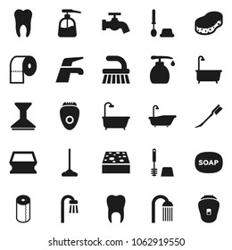 Flat vector icon set - soap vector, water tap, fetlock, mop, sponge, car, bath, toilet brush, liquid, paper, shower, tooth, epilator