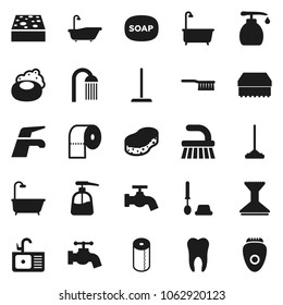 Flat vector icon set - soap vector, water tap, fetlock, mop, sponge, car, bath, toilet brush, liquid, paper, shower, sink, tooth, epilator