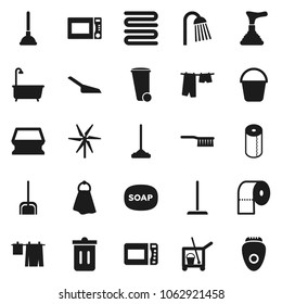 Flat vector icon set - soap vector, plunger, cleaner trolley, fetlock, mop, scoop, bucket, sponge, towel, trash bin, bath, drying clothes, toilet paper, shower, microwave oven, windmill, epilator