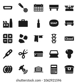 Flat vector icon set - soap vector, sponge, drying clothes, plates, garbage pile, skimmer, mushroom, oil, case, calculator, calendar, traffic light, satellitie, hdmi, thermometer, hospital building