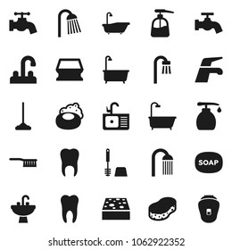 Flat vector icon set - soap vector, water tap, fetlock, mop, sponge, bath, toilet brush, liquid, shower, sink, tooth, epilator