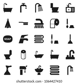 Flat vector icon set - soap vector, plunger, water tap, fetlock, towel, bath, toilet, brush, paper, shower, sink, supply