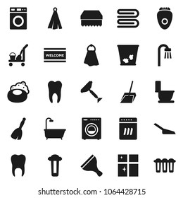 Flat vector icon set - soap vector, scraper, cleaner trolley, broom, scoop, sponge, towel, trash bin, welcome mat, toilet, washer, shining window, tooth, bath, dishwasher, epilator, water filter