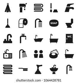 Flat vector icon set - soap vector, plunger, water tap, fetlock, towel, bath, toilet, brush, paper, shower, closet, sink, supply