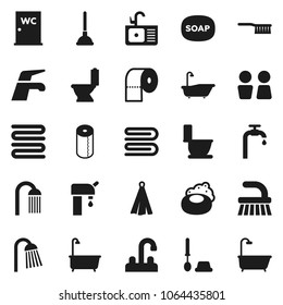 Flat vector icon set - soap vector, plunger, water tap, fetlock, towel, bath, toilet, brush, paper, shower, closet, sink, supply